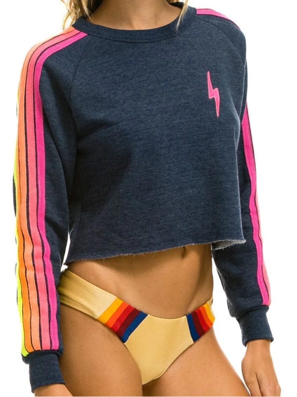 Aviator Nation Bolt Cropped Classic Crewneck in Heather Navy Neon